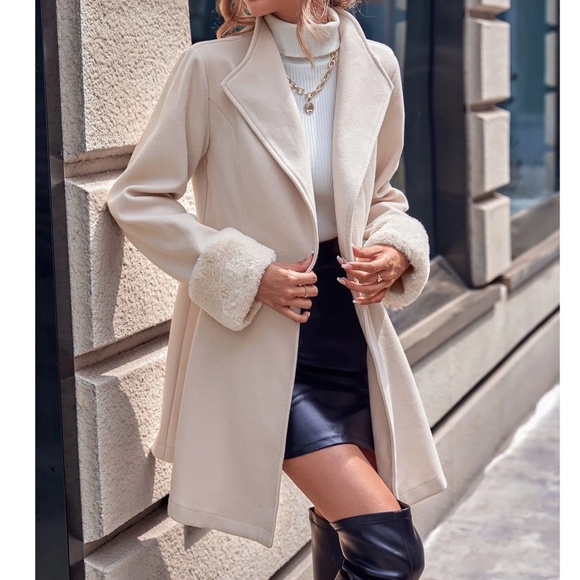 Classic Vegan Fur Double breasted Flared Hem Jacket Coat - Picture 3 of 11